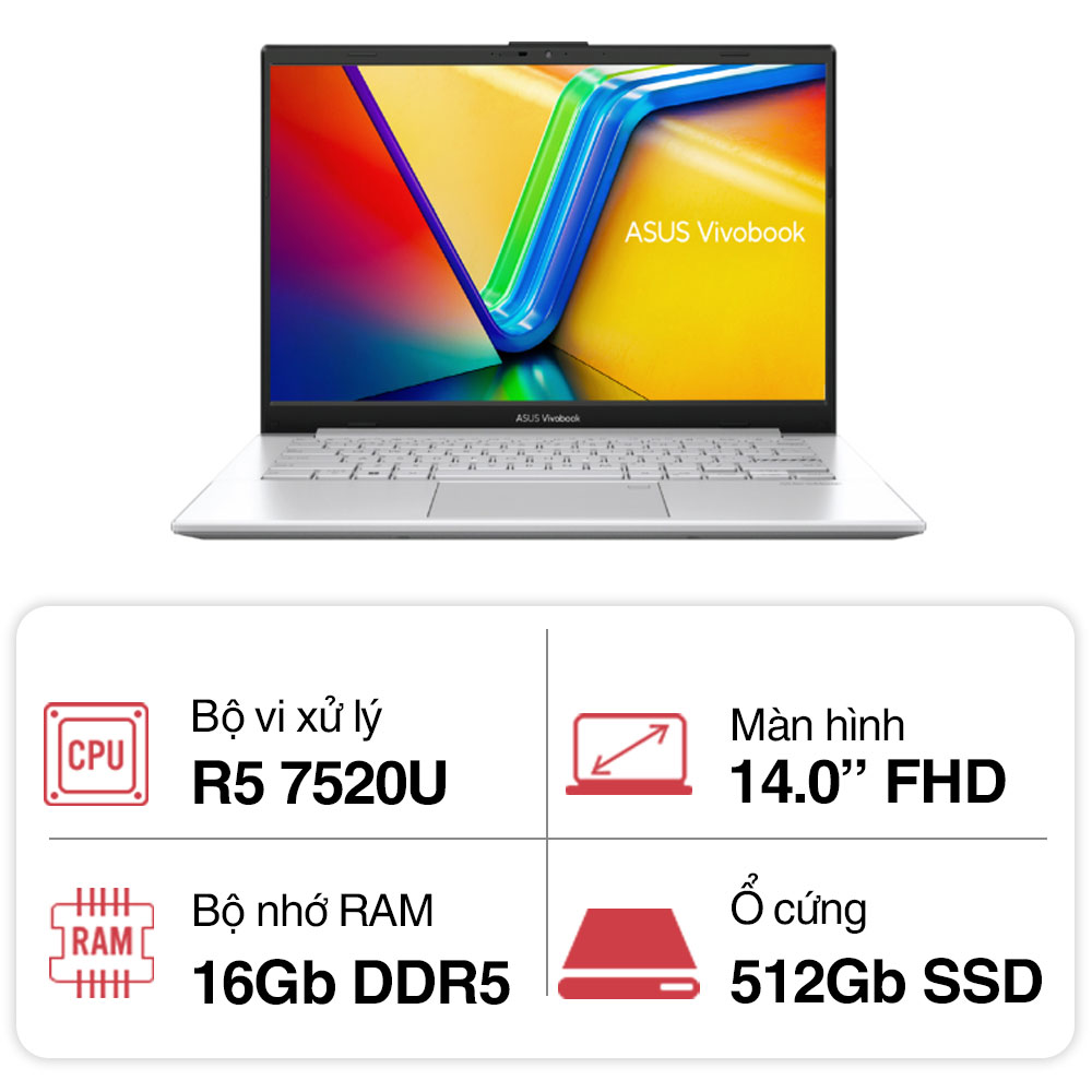 Laptop Asus Vivobook Go 14 E1404FA-NK177W (R5 7520U/ 16GB/ 512GB SSD/14 inch FHD/Win11/ Bạc)