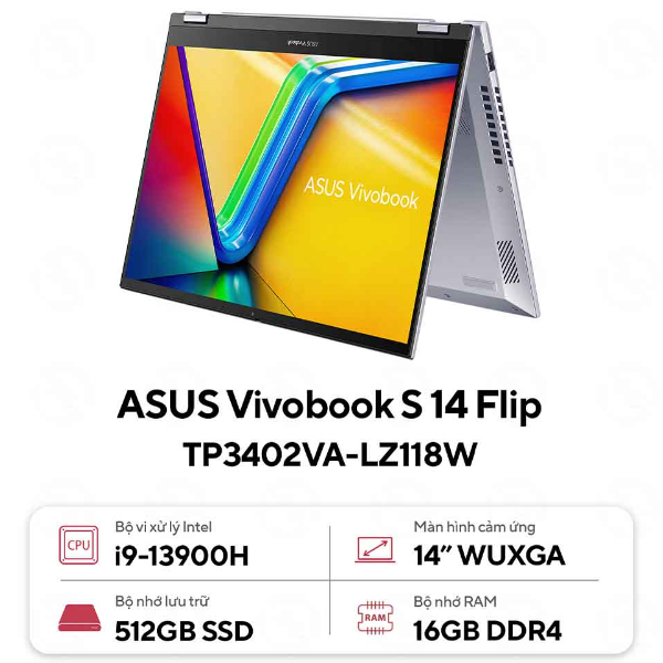 Laptop Asus Vivobook Flip TP3402VA-LZ118W (i9 13900H/ 16GB/ 512GB SSD/ 14 inch WUXGA Touch/ Win11/ Silver/ Vỏ nhôm)