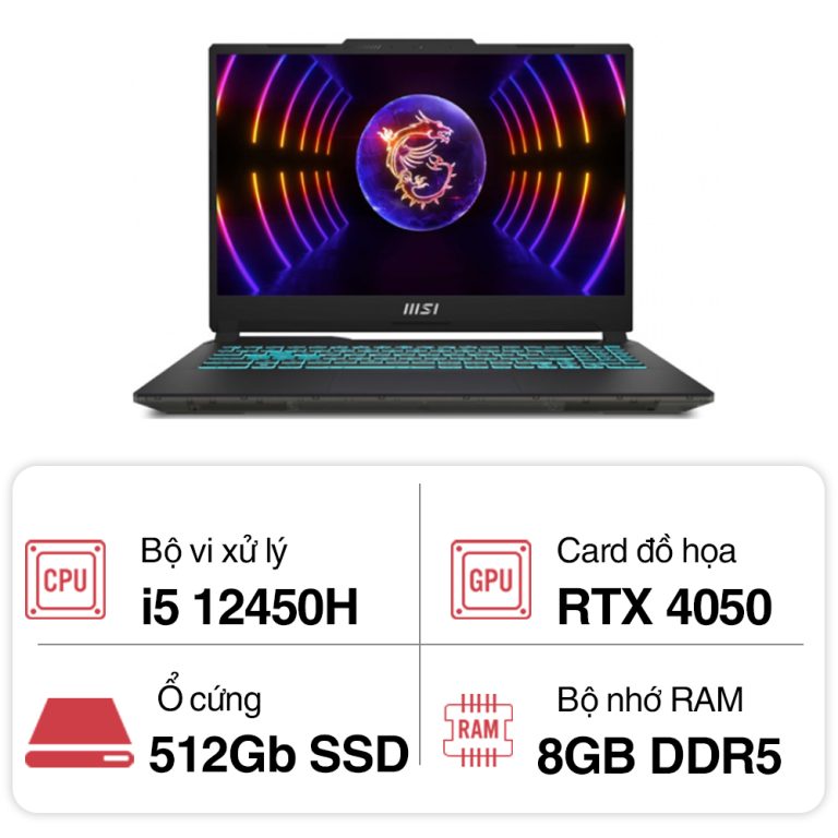 Laptop MSI Gaming Cyborg 15 A12VE-412VN (i5 12450H/ 8GB/ 512GB SSD/ RTX 4050 6GB/ 15.6 inch FHD/ 144Hz/ Win11/ Black/Balo)