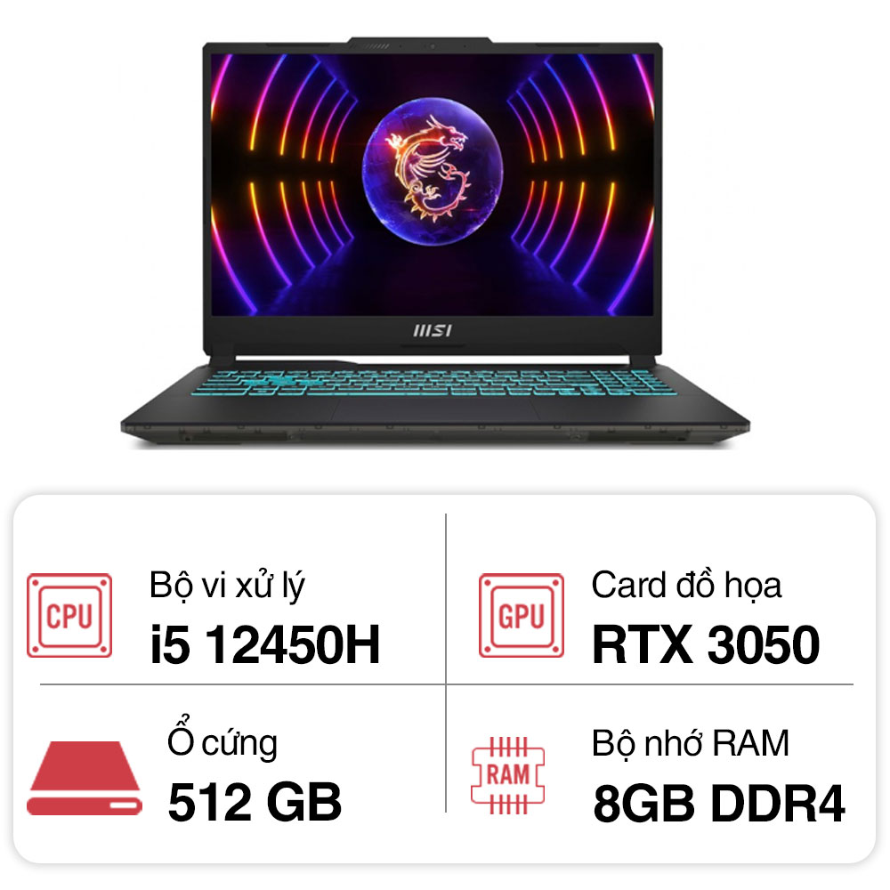 Laptop MSI Gaming Cyborg 15 A12UDX-621VN (i5 12450H/ 8GB/ 512GB SSD/ RTX 3050 4GB/ 15.6 inch FHD/ 144Hz/ Win11/ Black/ /Balo)