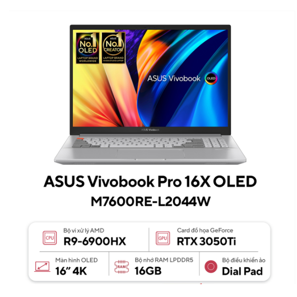 Laptop Asus Vivobook Pro M7600RE-L2044W (R9 6900HX/ 16GB/ 512GB SSD/ RTX 3050Ti 4Gb/ 16 inch 4K/Win11/ Silver)