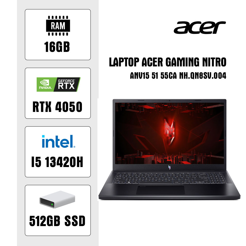 Laptop Acer Gaming Nitro ANV15-51-55CA NH.QN8SV.004 (i5 13420H/ 16GB/ 512GB SSD/ RTX 4050 6GB/ 15.6 inch FHD/ 144Hz/ Win11/ Black/ 1Y)