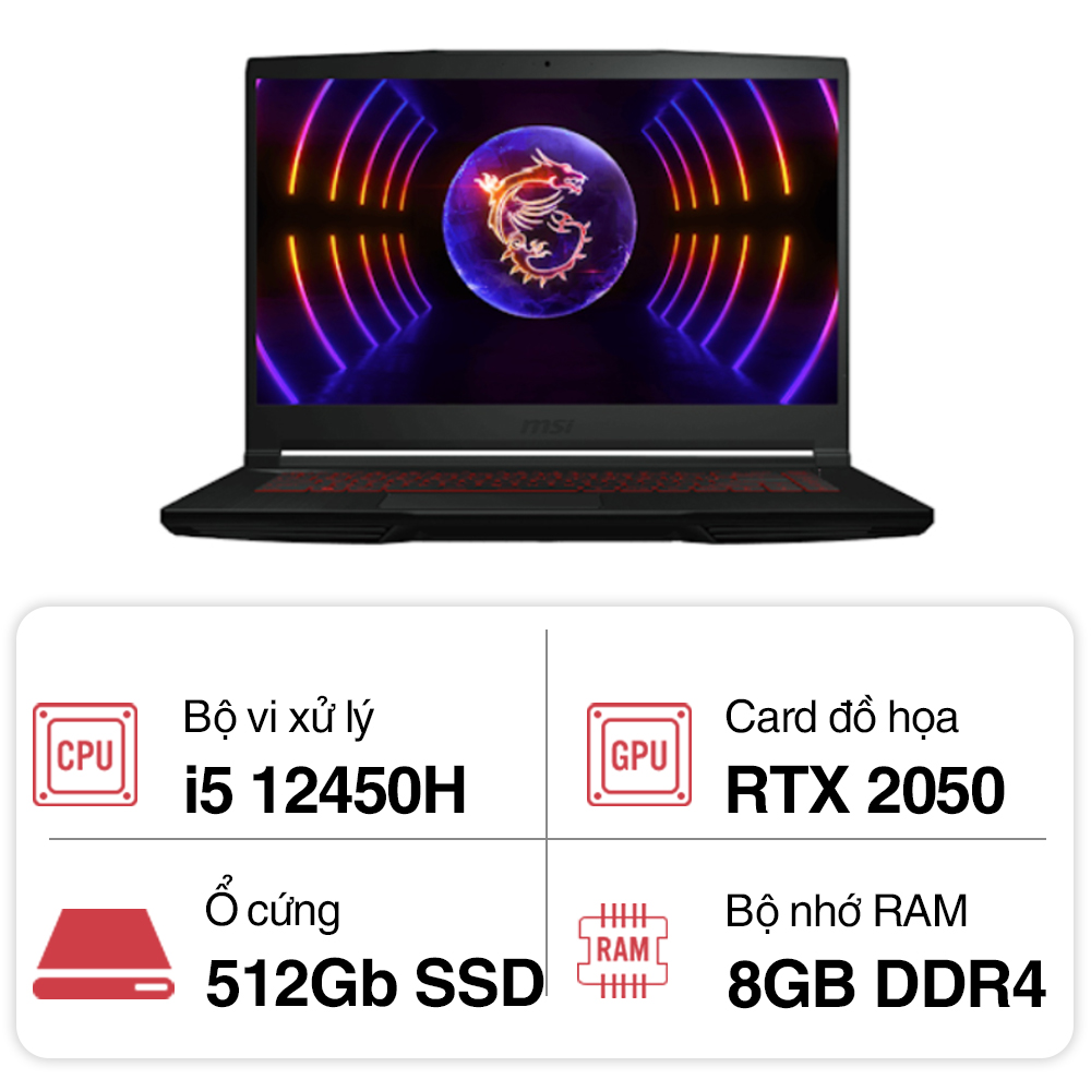 Laptop MSI Gaming GF63 12UCX-841VN (i5 12450H/ 8GB/ 512GB SSD/ RTX 2050 4GB/ 15.6 inch FHD/ 144Hz/ Win11/ Black)