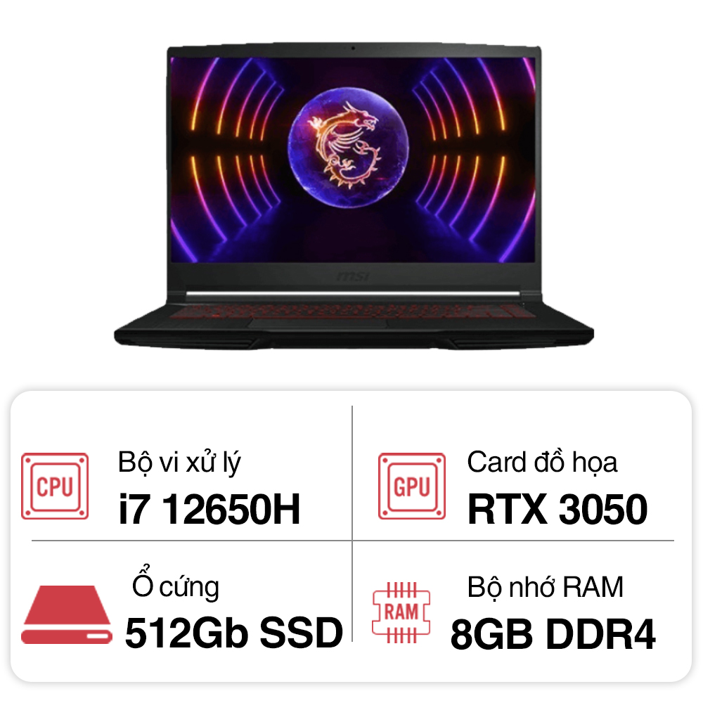 Laptop MSI Gaming GF63 Thin GF63 12UC 887VN (i7 12650H/ 8GB/ 512GB SSD/ RTX 3050 4GB/ 15.6 inch FHD/ 144Hz/ Win11/ Black)