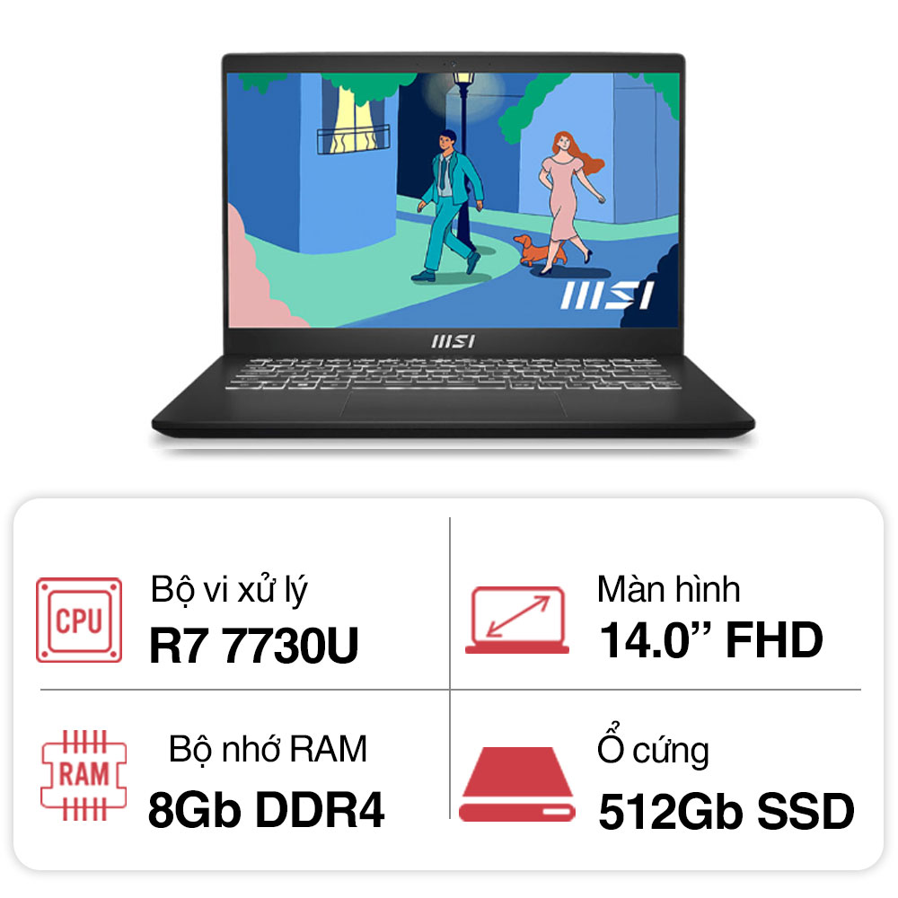 Laptop MSI Modern 14 C7M-221VN (R7 7730U/ 8GB/ 512GB SSD/14 inch FHD/Win11/ Black)