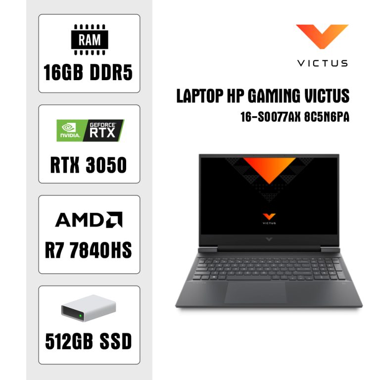 Laptop HP Gaming Victus 16-s0077AX 8C5N6PA (R7 7840HS/ 16GB/ 512GB SSD/ RTX 3050 6Gb/ 16.1 inch FHD/ 144Hz/ Win11/ Black)