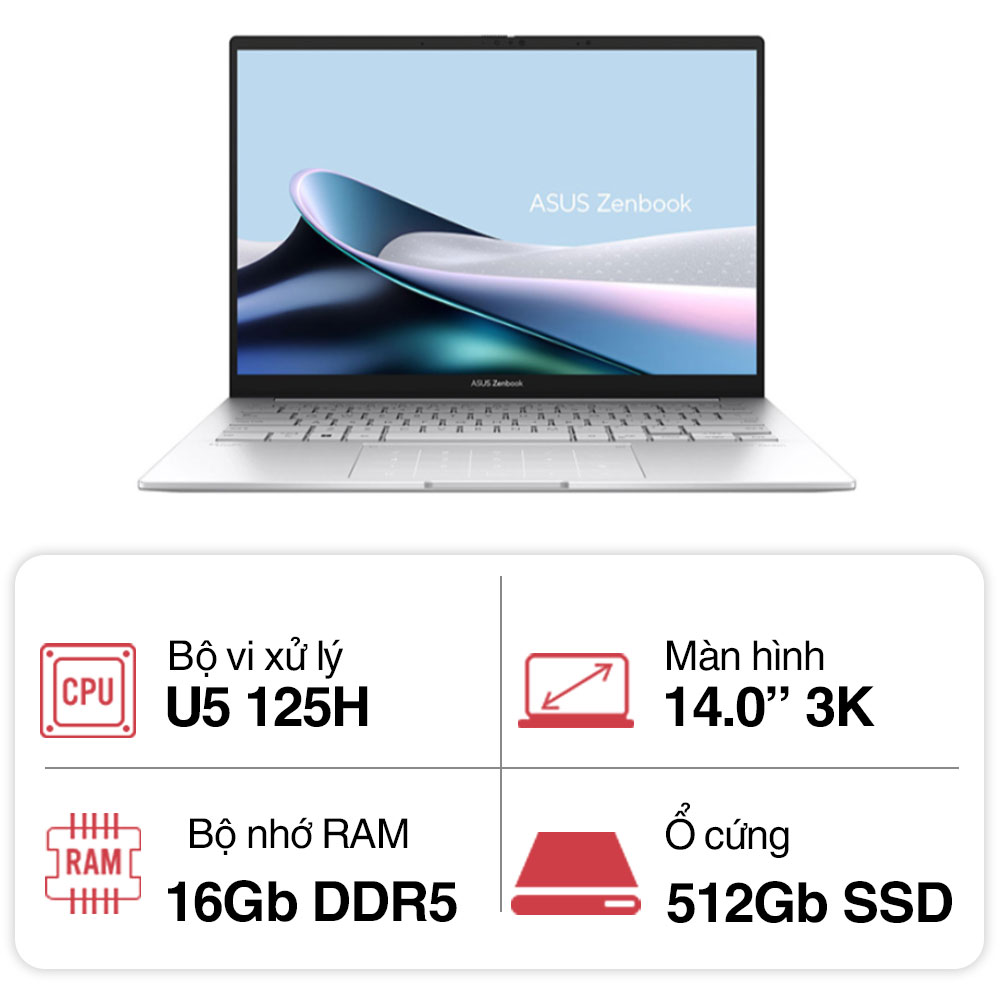 Laptop Asus Zenbook 14 OLED UX3405MA-PP588W (Ultra 5 125H/ 16GB/ 512GB SSD/ 14 inch 3K/ Win11/ Bạc)