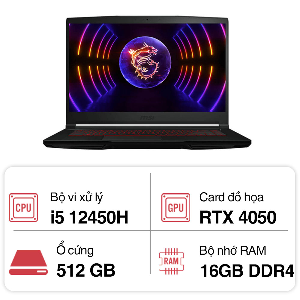 Laptop MSI Gaming GF63 12VE-454VN (i5 12450H/ 16GB/ 512GB SSD/ RTX 4050 6GB/ 15.6 inch FHD/ 144Hz/ Win11/ Black)