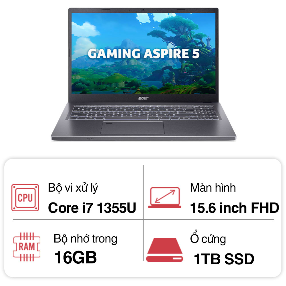 Laptop Acer Aspire A515-58P-71EJ NX.KHJSV.00A (i7 1355U/ 16GB/ 1TB SSD/15.6 inch FHD/Win11/ Gray/ Vỏ nhôm/1Y)