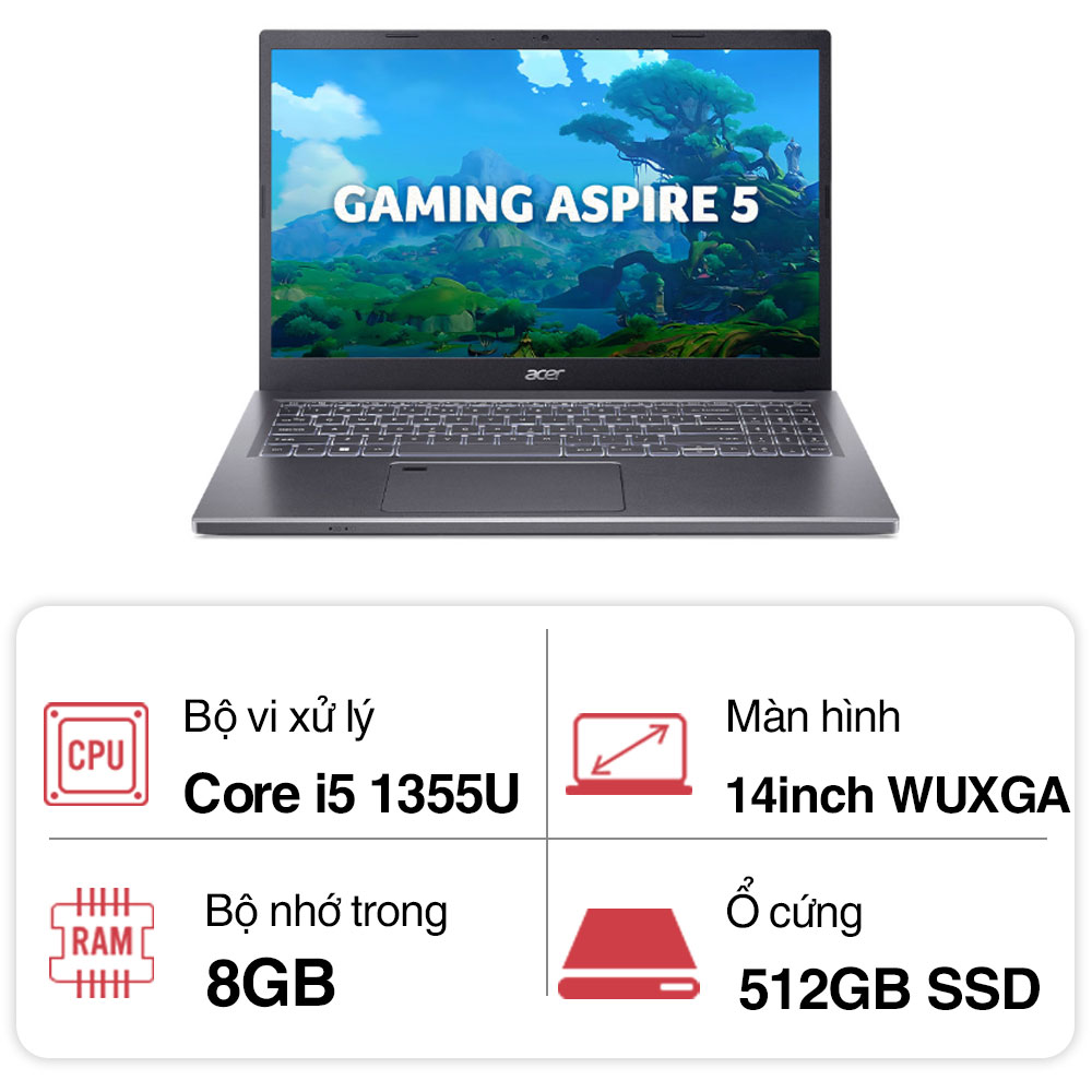 Laptop Acer Aspire A514-56P-562P NX.KHRSV.008 (i5 1335U/ 8GB/ 512GB SSD/ 14 inch WUXGA/ Win11/ Vỏ nhôm/ 1Y)