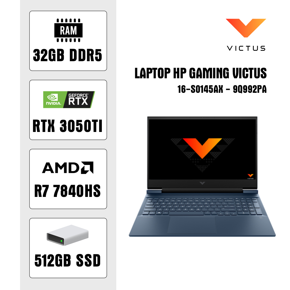 Laptop HP Gaming Victus 16-s0145AX – 9Q992PA (R7 7840HS/ 32GB/ 512GB SSD/ RTX 3050 6Gb/ 16.1 inch FHD/ 144Hz/ Win11/ Xanh)