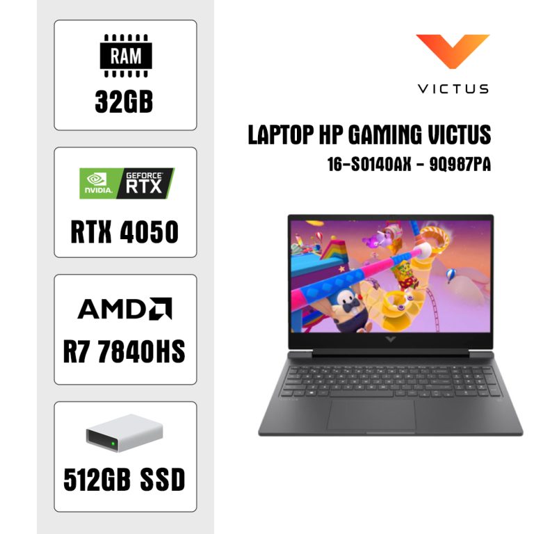 Laptop HP Gaming Victus 16-s0140AX – 9Q987PA (R7 7840HS/ 32GB/ 512GB SSD/ RTX 4050 6GB/ 16.1 inch FHD/ 144Hz/ Win11/ Black)