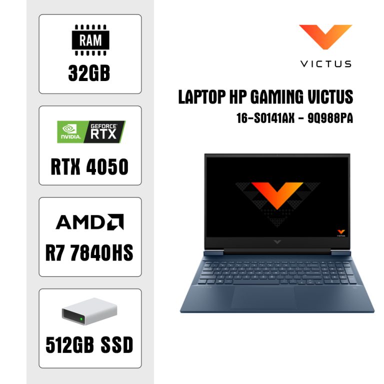 Laptop HP Gaming Victus 16-s0141AX – 9Q988PA (R7 7840HS/ 32GB/ 512GB SSD/ RTX 4050 6GB/ 16.1 inch FHD/ 144Hz/ Win11/ Xanh)