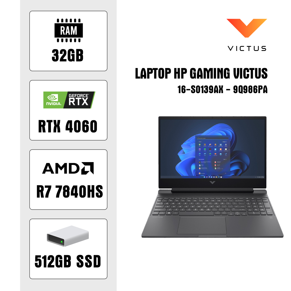 Laptop HP Gaming Victus 16-s0139AX – 9Q986PA (R7 7840HS/ 32GB/ 512GB SSD/ RTX 4060 8GB/ 16.1 inch FHD/ 144Hz/ Win11/ Black)