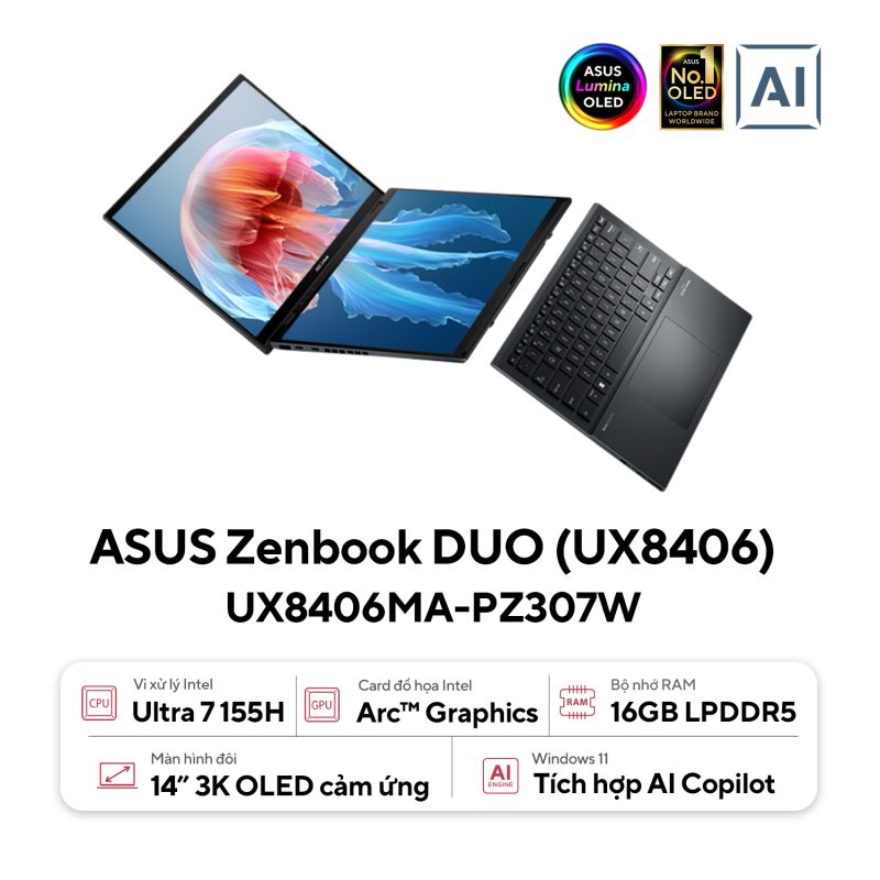 Laptop Asus Zenbook Duo OLED UX8406MA-PZ307W (Ultra 7 155H/ 16GB/ 512GB SSD/ Intel Arc Graphics/ 14.0inch 3K/ Windows 11 Home/ Xám)