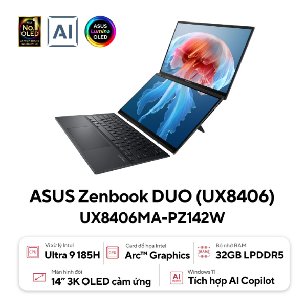 Laptop Asus Zenbook Duo OLED UX8406MA-PZ142W (Ultra 9 185H/ 32GB/ 1TB SSD/14 inch 3K/ 120Hz/ Win11/ Xám)