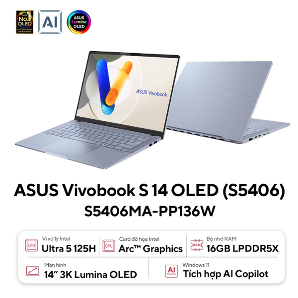 Laptop Asus Vivobook S14 OLED S5406MA-PP136W (Ultra 5 125H/ 16GB/ 1TB SSD/ 14 inch 3K/ 120Hz/ Win11/ Xanh/ Vỏ nhôm)