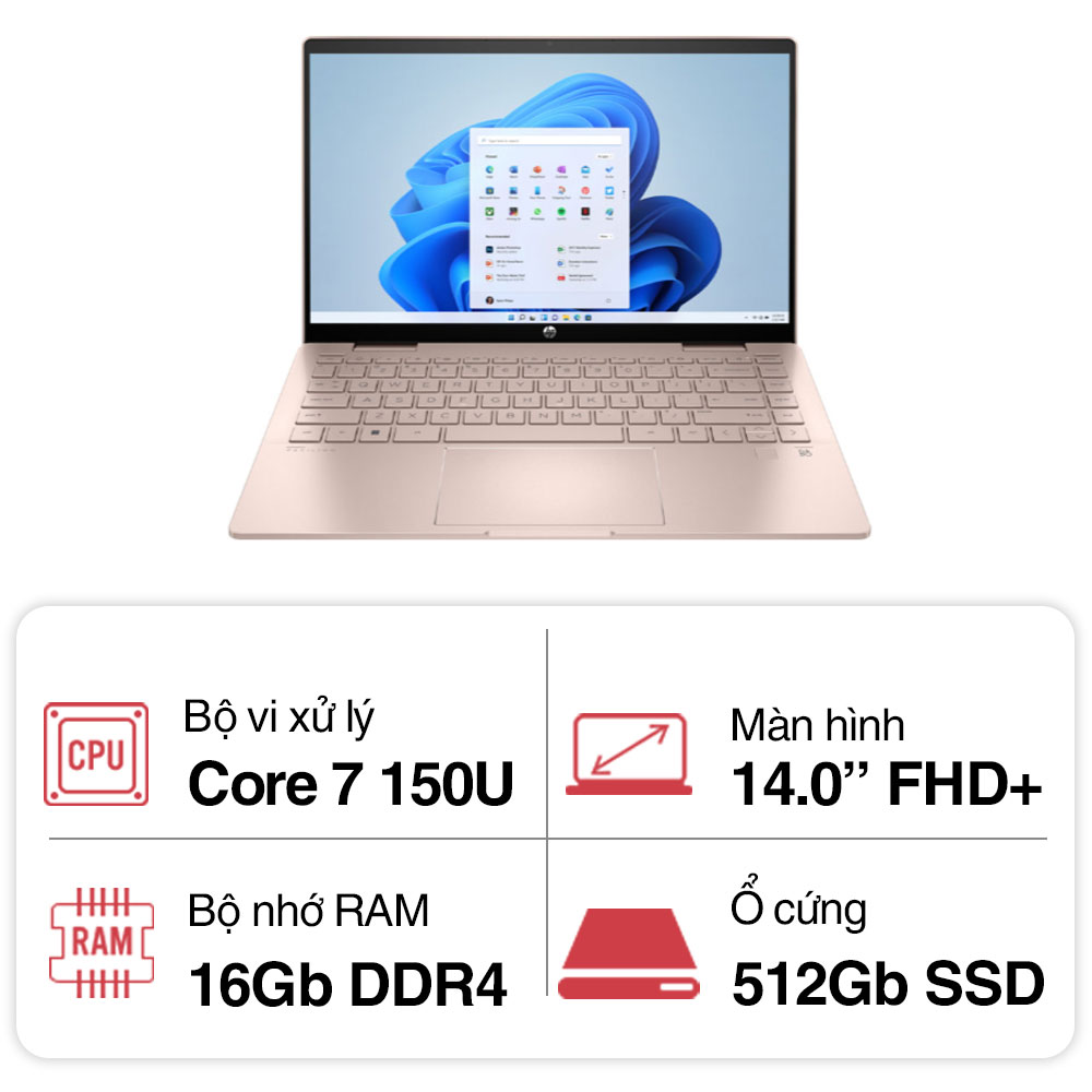 Laptop HP Pavilion x360 14-ek2027TU 9Z2V9PA (Core 7 150U/ 16GB/ 512GB SSD/ 14 inch FHD Touch/ Win11/ Gold/ Vỏ nhôm/ Pen)