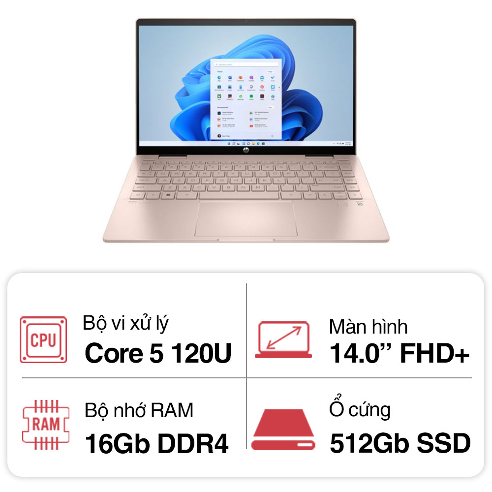 Laptop HP Pavilion x360 14-ek2024TU 9Z2V6PA (Core 5 120U/ 16GB/ 512GB SSD/ 14 inch FHD Touch/ Win11/ Gold/ Vỏ nhôm/ Pen)