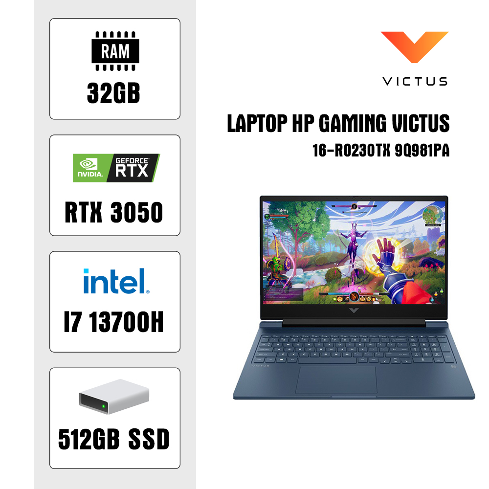 Laptop HP Gaming Victus 16-r0230TX 9Q981PA (I7 13700H/ 32GB/ 512GB SSD/ RTX 3050 6Gb/ 16.1 inch FHD/ Win11/ Blue)