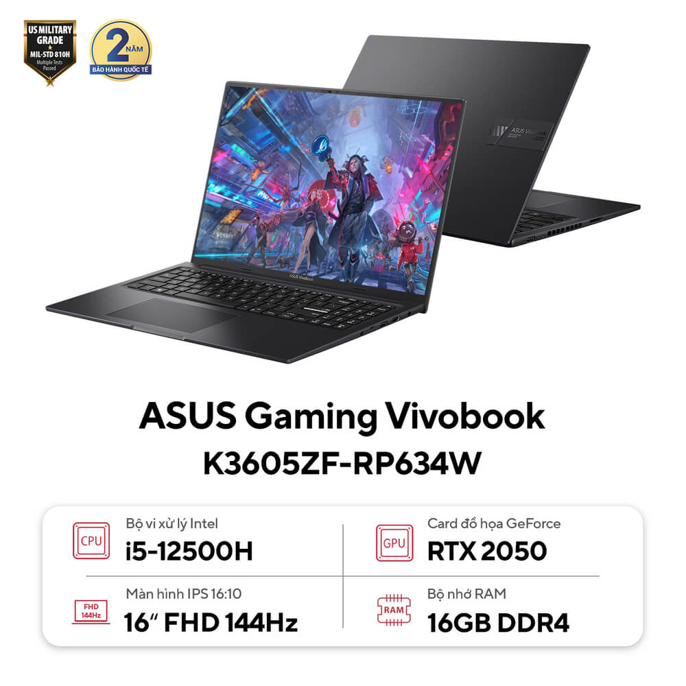 Laptop Asus Gaming Vivobook 16X K3605ZF-RP634W (i5 12500H/ 16GB/ 512GB SSD/ RTX 2050 4GB/ 16 inch WUXGA/ Win11/ Đen)