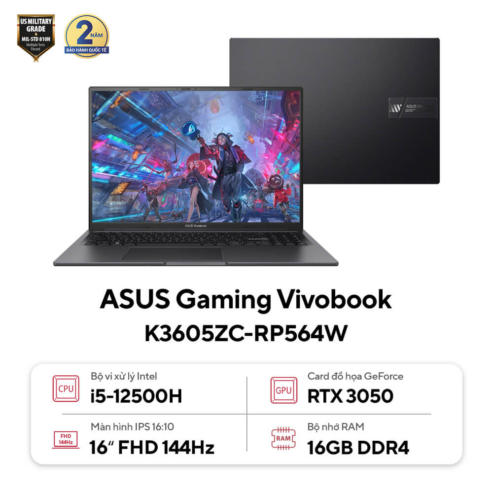 Laptop Asus Gaming Vivobook 16X K3605ZC-RP564W (i5 12500H/ 16GB/ 512GB SSD/ RTX 3050 4GB/ 16 inch WUXGA/ Win11/ Đen)