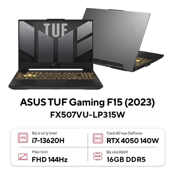 Laptop Asus TUF Gaming F15 FX507VU-LP315W (i7 13620H/ 16GB/ 512GB SSD/ RTX 4050 6GB/ 15.6 inch FHD/ 144Hz/ Win11/ Gray/ Vỏ nhôm/ Chuột)