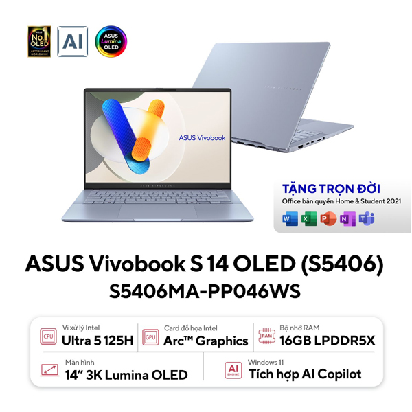 Laptop Asus Vivobook S14 OLED S5406MA-PP046WS (Ultra 5 125H/ 16GB/ 512GB SSD/ 14 inch 3K/ 120Hz/ Win 11/ Office/ Xanh/ Vỏ nhôm)