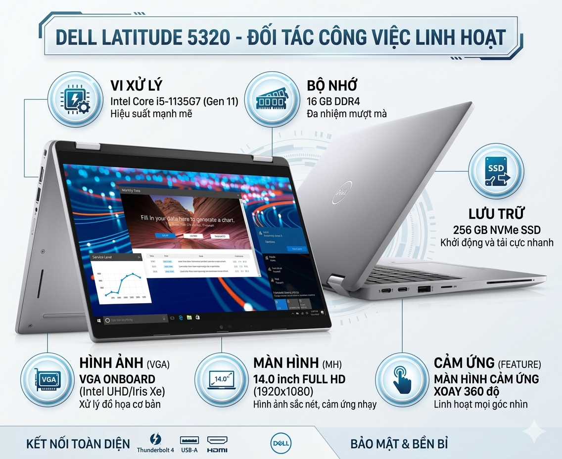 Laptop cũ Dell Latitude 5320 ( I5-1135G7 / Ram 16 Gb / SSD 256 NVME / VGA onboard/ MH 14.0 Full HD )